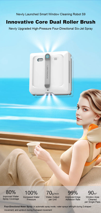 2026 Robot Window Vacuum Cleaner Liectroux S9, 10000Pa,2 Roller Brush,6-Way Water Spray,APP Control,Smart Glass Wall Cleaning