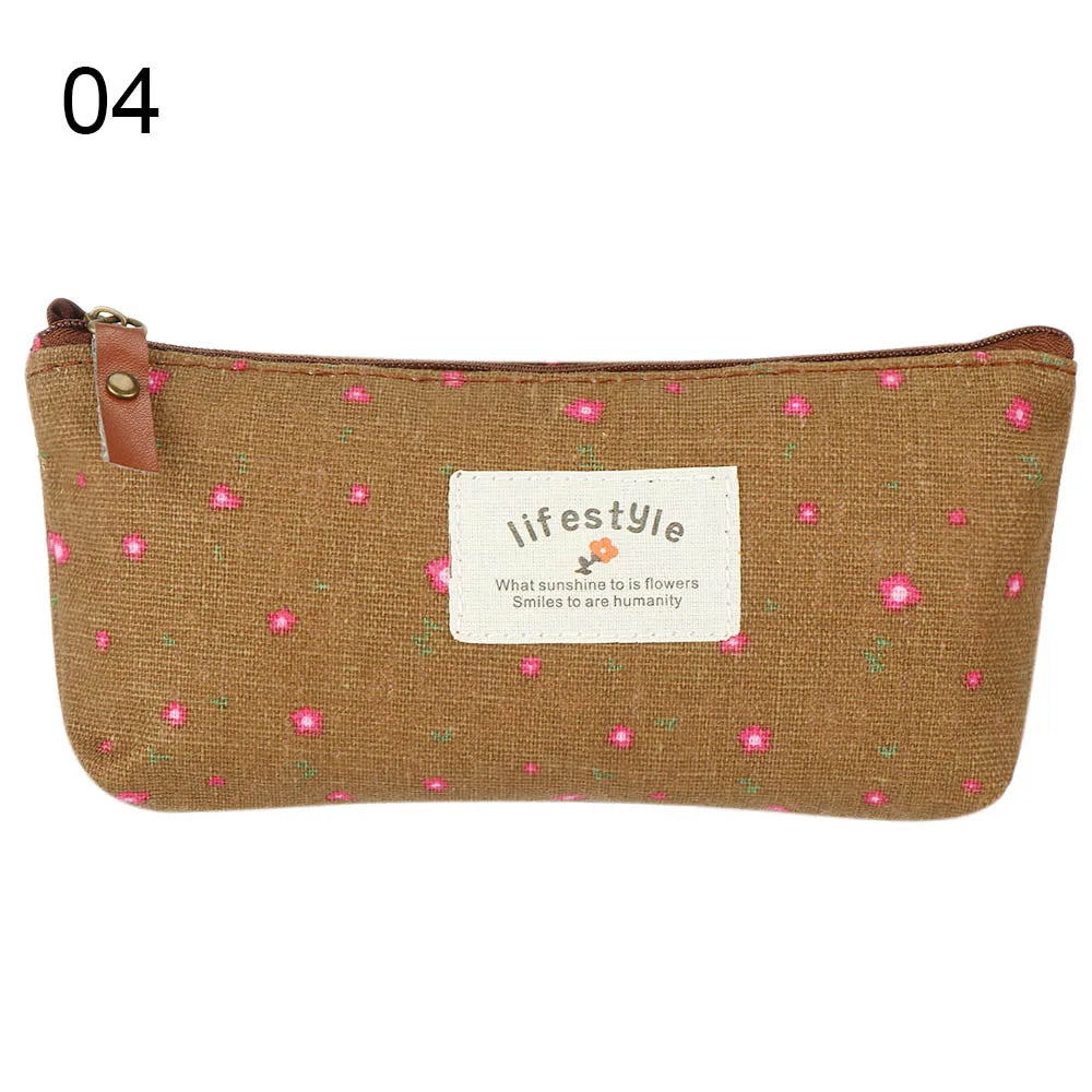 1PC Pastoral Floral Style Canvas Pen Bags Lovely Girls Pencil Cases Flower Tree Pattern Zipper Bag School Stationery Supplies