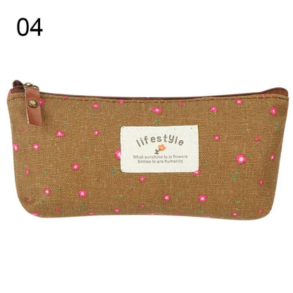 1PC Pastoral Floral Style Canvas Pen Bags Lovely Girls Pencil Cases Flower Tree Pattern Zipper Bag School Stationery Supplies