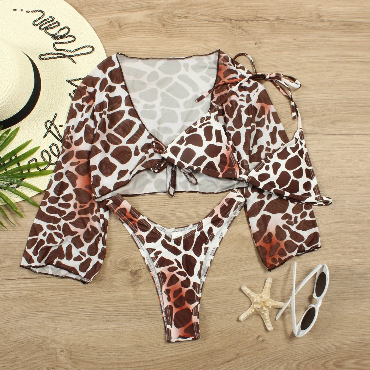 Sexy 3 Piece Swimsuit Women Leopard Print Push Up Padded Biquini Brazilian Summer Bathing Suit Long Sleeve Thong Bikini Swimwear