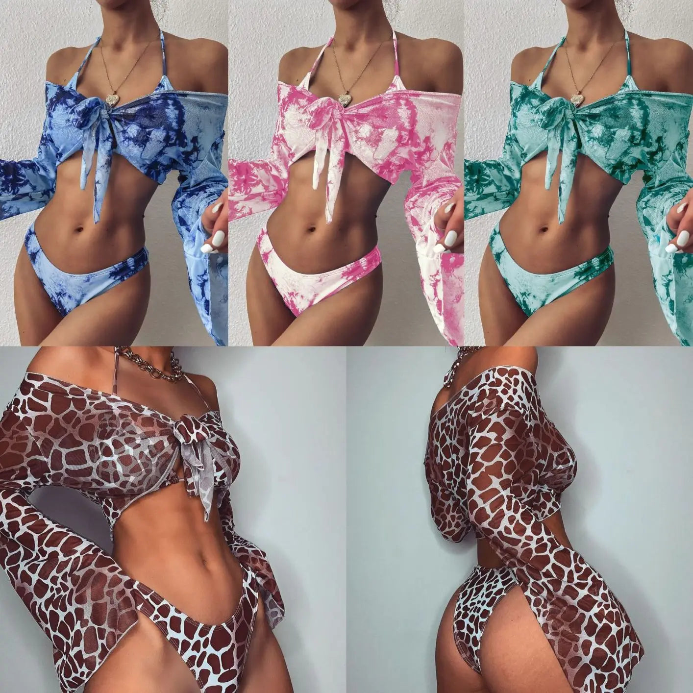 Sexy 3 Piece Swimsuit Women Leopard Print Push Up Padded Biquini Brazilian Summer Bathing Suit Long Sleeve Thong Bikini Swimwear