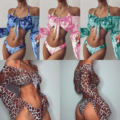 Sexy 3 Piece Swimsuit Women Leopard Print Push Up Padded Biquini Brazilian Summer Bathing Suit Long Sleeve Thong Bikini Swimwear