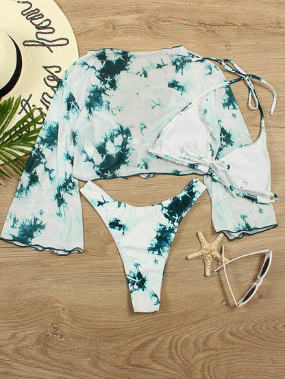 Sexy 3 Piece Swimsuit Women Leopard Print Push Up Padded Biquini Brazilian Summer Bathing Suit Long Sleeve Thong Bikini Swimwear