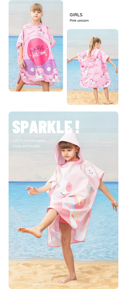 COPOZZ Children Changing Poncho Teen Soft Beach Cloak Hooded Cloak Bath Towel Quick Dry Microfiber Swimming Bathrobe