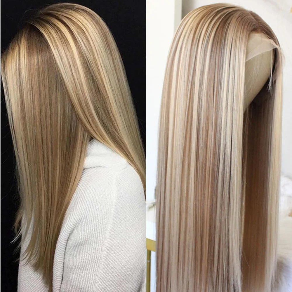 Highlight Brown Blonde Lace Front Wig Synthetic Hair Wig for Women Middle Part Long Straight Hair Heat Resistant Fiber Wig 22"