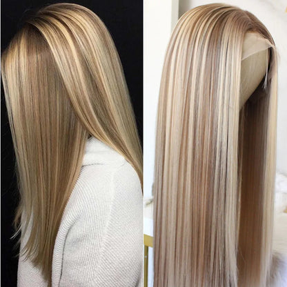 Highlight Brown Blonde Lace Front Wig Synthetic Hair Wig for Women Middle Part Long Straight Hair Heat Resistant Fiber Wig 22"