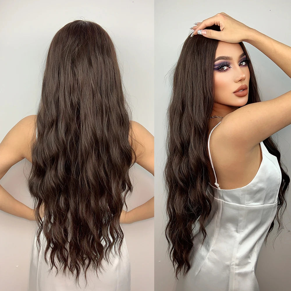 HENRY MARGU Long Brown Wavy Synthetic Wigs Middle Part Natural  Curly Wig for Black Women Cosplay Daily Heat Resistant Fake Hair