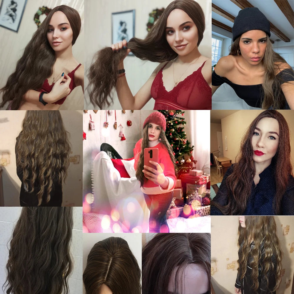HENRY MARGU Long Brown Wavy Synthetic Wigs Middle Part Natural  Curly Wig for Black Women Cosplay Daily Heat Resistant Fake Hair