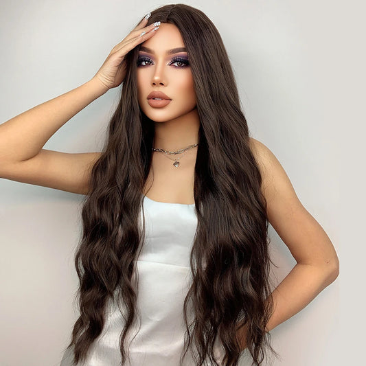 HENRY MARGU Long Brown Wavy Synthetic Wigs Middle Part Natural  Curly Wig for Black Women Cosplay Daily Heat Resistant Fake Hair