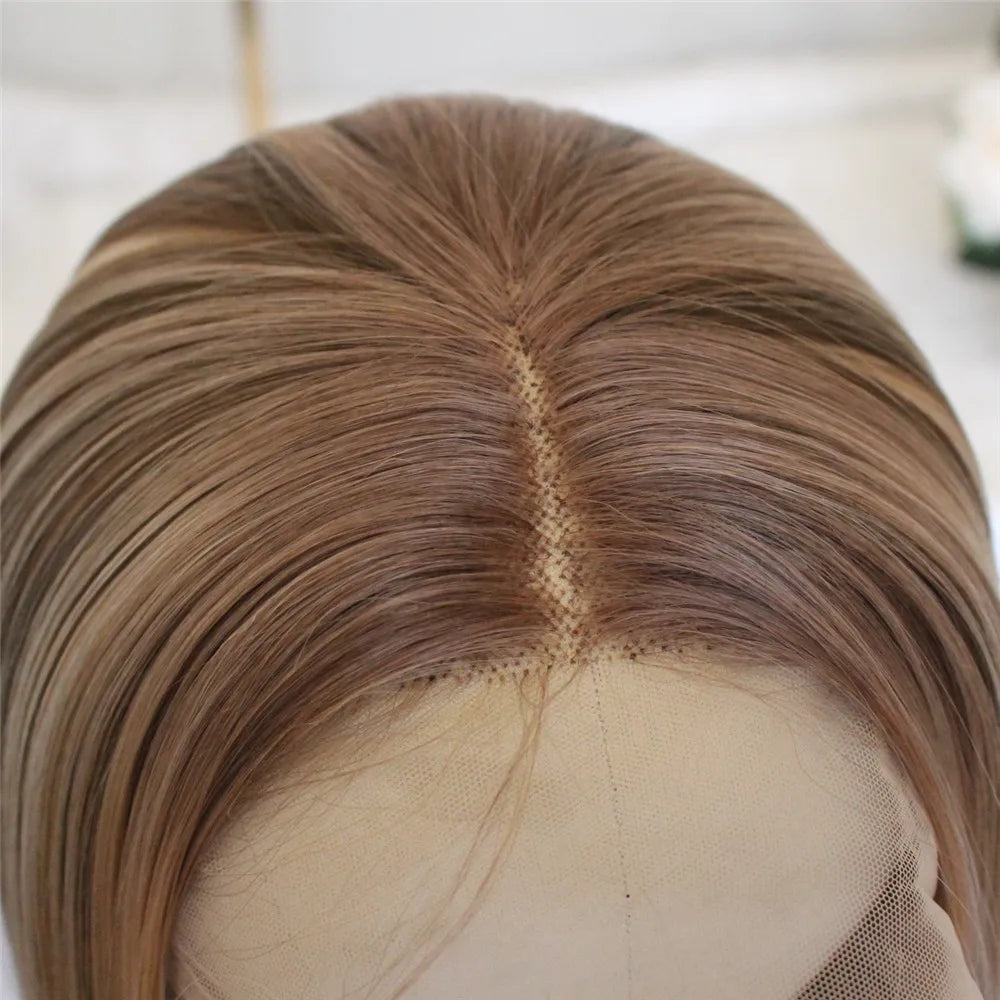 Highlight Brown Blonde Lace Front Wig Synthetic Hair Wig for Women Middle Part Long Straight Hair Heat Resistant Fiber Wig 22"