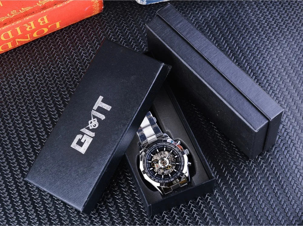 Forsining 2025 Stainless Steel Waterproof Mens Skeleton Watches Top Brand Luxury Transparent Mechanical Sport Male Wrist Watches