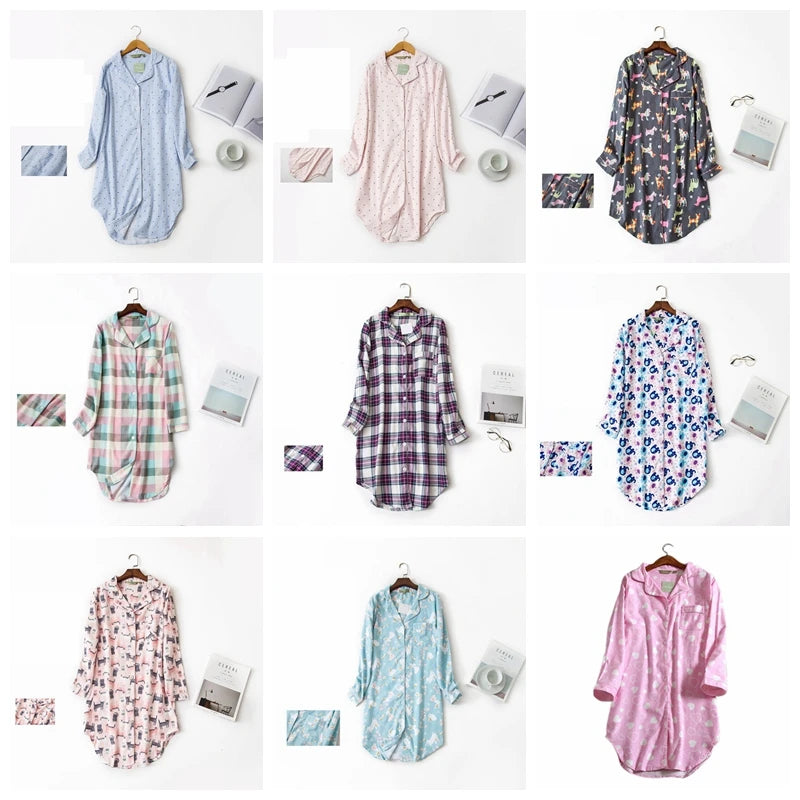 Nightgown 100% Brushed Cotton Nightshirts Women's Sleepwear Long Sleeve Plaid Winter Oversize Sleep Dress Women Home Clothes
