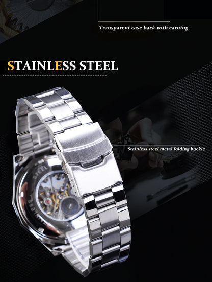 Forsining 2025 Stainless Steel Waterproof Mens Skeleton Watches Top Brand Luxury Transparent Mechanical Sport Male Wrist Watches