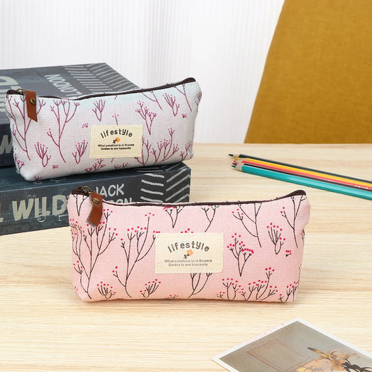 1PC Pastoral Floral Style Canvas Pen Bags Lovely Girls Pencil Cases Flower Tree Pattern Zipper Bag School Stationery Supplies