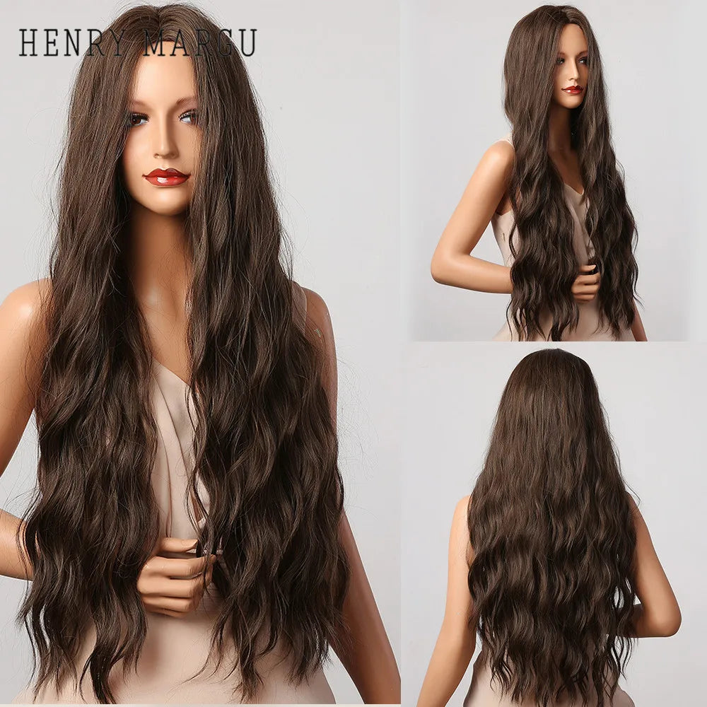 HENRY MARGU Long Brown Wavy Synthetic Wigs Middle Part Natural  Curly Wig for Black Women Cosplay Daily Heat Resistant Fake Hair