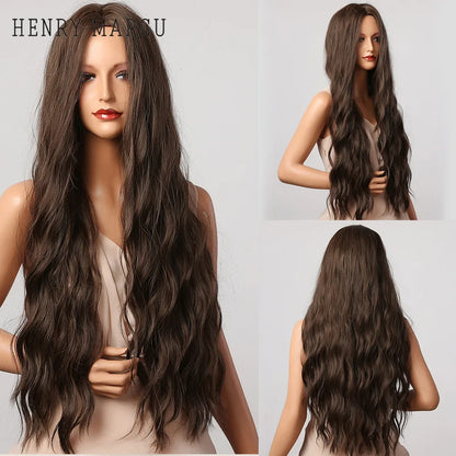 HENRY MARGU Long Brown Wavy Synthetic Wigs Middle Part Natural  Curly Wig for Black Women Cosplay Daily Heat Resistant Fake Hair