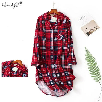 Nightgown 100% Brushed Cotton Nightshirts Women's Sleepwear Long Sleeve Plaid Winter Oversize Sleep Dress Women Home Clothes