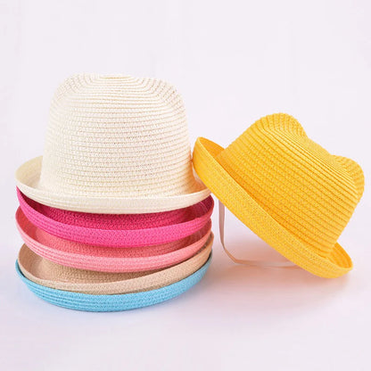 Fashion Lovely Girls Boys Straw Hats Headdress Summer Kids Baby Bucket Sun Hat Cute Ear Solid Floppy Beach Cap For Children