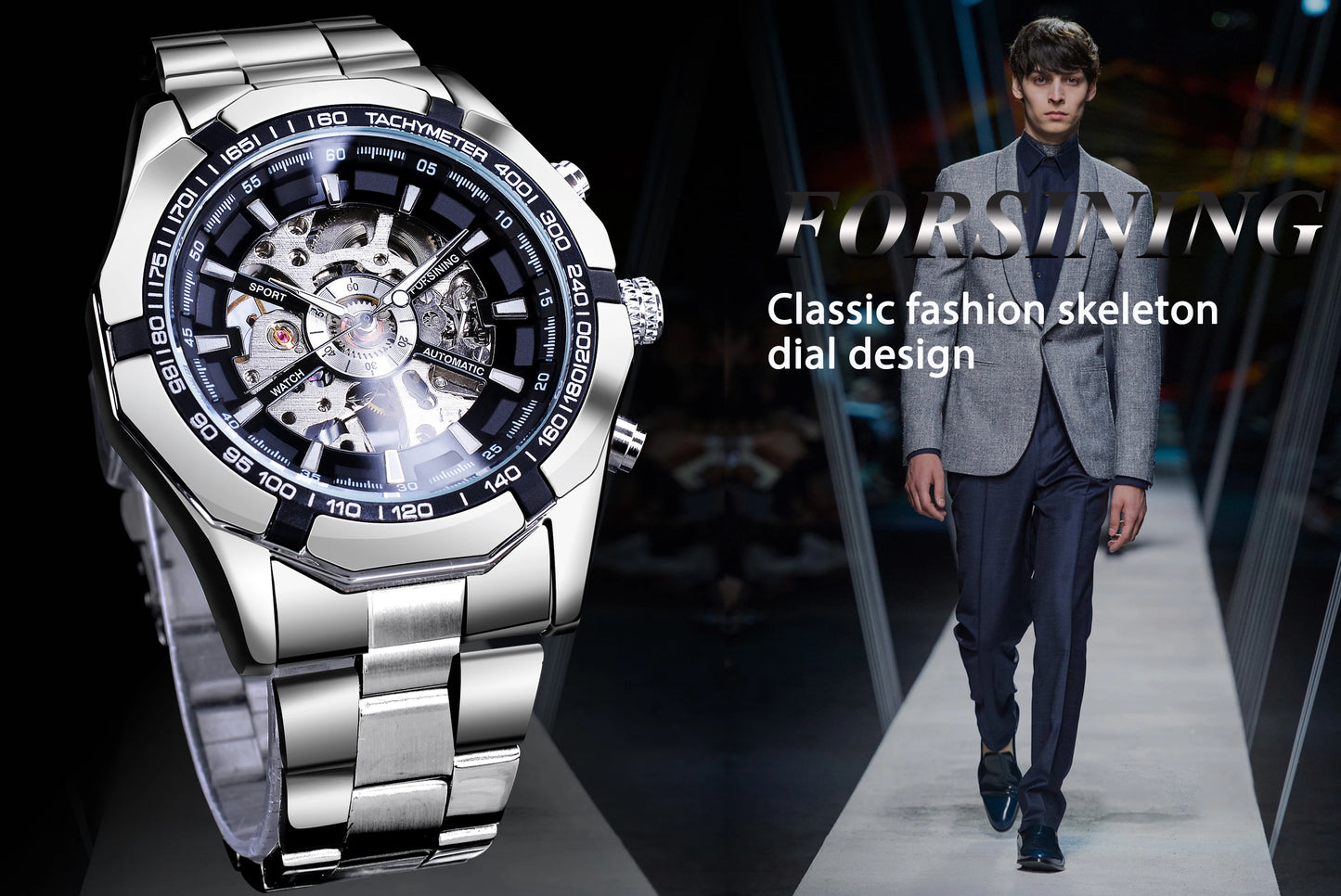 Forsining 2025 Stainless Steel Waterproof Mens Skeleton Watches Top Brand Luxury Transparent Mechanical Sport Male Wrist Watches