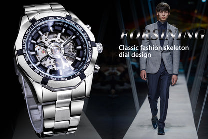 Forsining 2025 Stainless Steel Waterproof Mens Skeleton Watches Top Brand Luxury Transparent Mechanical Sport Male Wrist Watches