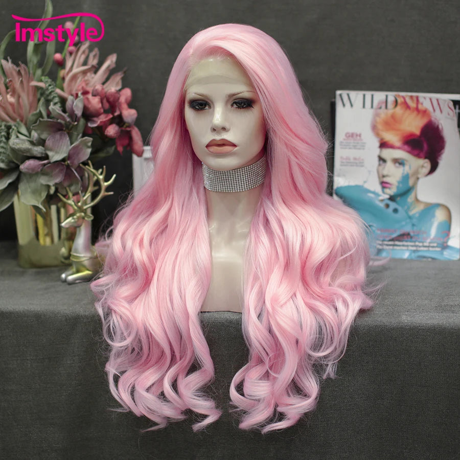 Imstyle Pink Wig Long Synthetic Lace Front Wig Natural Wavy Wigs For Women Heat Resistant Fiber Cosplay Wig