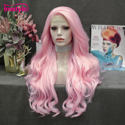 Imstyle Pink Wig Long Synthetic Lace Front Wig Natural Wavy Wigs For Women Heat Resistant Fiber Cosplay Wig