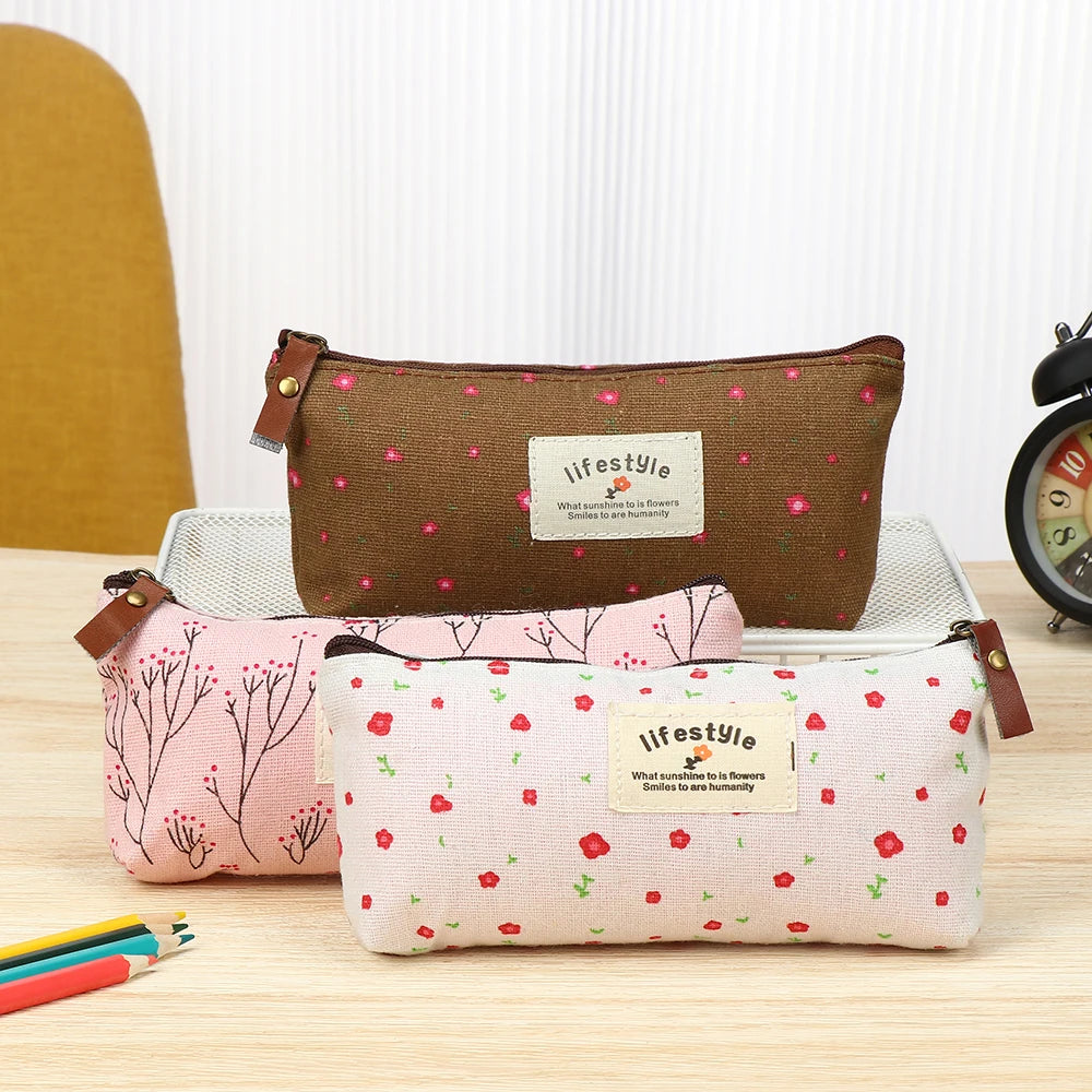 1PC Pastoral Floral Style Canvas Pen Bags Lovely Girls Pencil Cases Flower Tree Pattern Zipper Bag School Stationery Supplies