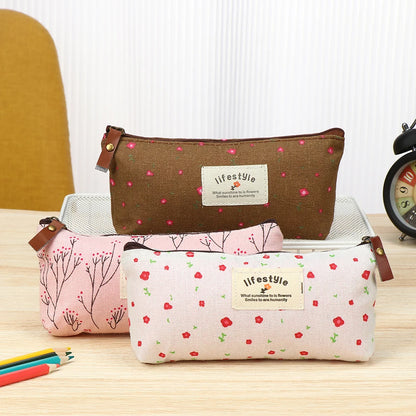 1PC Pastoral Floral Style Canvas Pen Bags Lovely Girls Pencil Cases Flower Tree Pattern Zipper Bag School Stationery Supplies