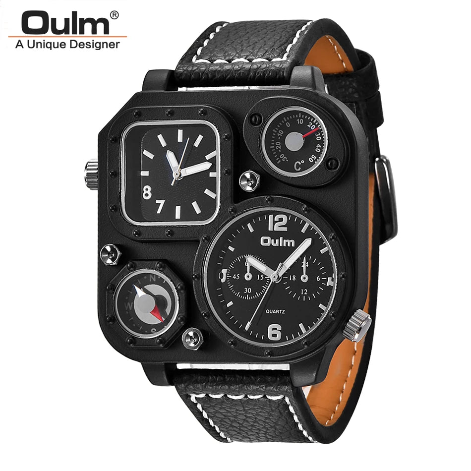 Oulm 1169 Black Sport Men's Watches Square Dial Unique Decorative Compass Male Quartz Watch Casual Men Wristwatches