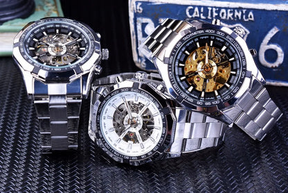 Forsining 2025 Stainless Steel Waterproof Mens Skeleton Watches Top Brand Luxury Transparent Mechanical Sport Male Wrist Watches