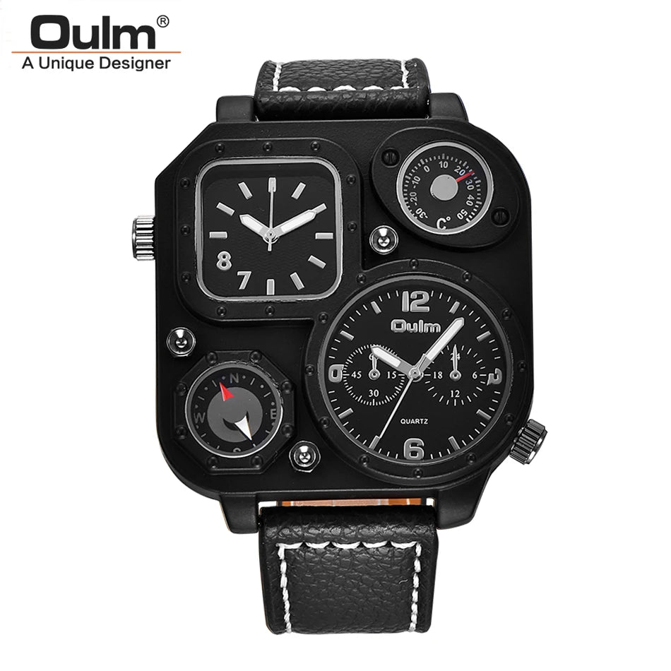 Oulm 1169 Black Sport Men's Watches Square Dial Unique Decorative Compass Male Quartz Watch Casual Men Wristwatches