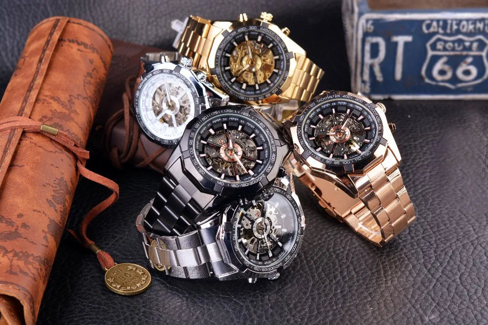 Forsining 2025 Stainless Steel Waterproof Mens Skeleton Watches Top Brand Luxury Transparent Mechanical Sport Male Wrist Watches