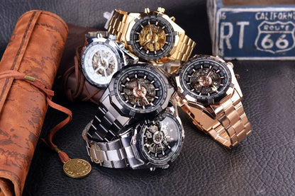 Forsining 2025 Stainless Steel Waterproof Mens Skeleton Watches Top Brand Luxury Transparent Mechanical Sport Male Wrist Watches