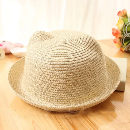 Fashion Lovely Girls Boys Straw Hats Headdress Summer Kids Baby Bucket Sun Hat Cute Ear Solid Floppy Beach Cap For Children