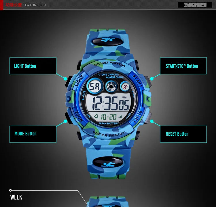 SKMEI Children LED Electronic Digital Watch Stop Watch Clock 2 Time Kids Sport Watches 50M Waterproof Wristwatch For Boys Girls
