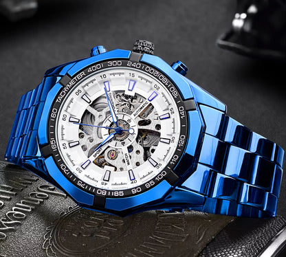 Forsining 2025 Stainless Steel Waterproof Mens Skeleton Watches Top Brand Luxury Transparent Mechanical Sport Male Wrist Watches