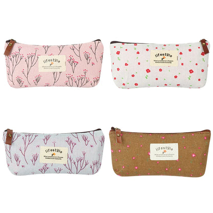 1PC Pastoral Floral Style Canvas Pen Bags Lovely Girls Pencil Cases Flower Tree Pattern Zipper Bag School Stationery Supplies