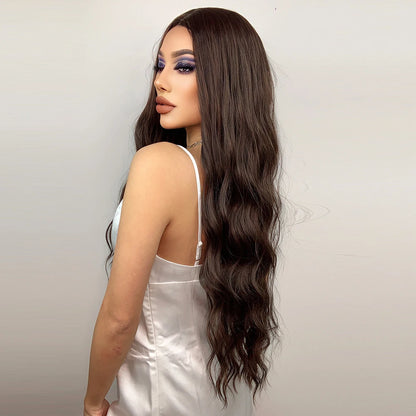 HENRY MARGU Long Brown Wavy Synthetic Wigs Middle Part Natural  Curly Wig for Black Women Cosplay Daily Heat Resistant Fake Hair
