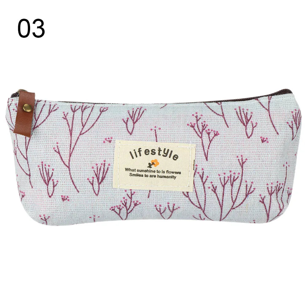 1PC Pastoral Floral Style Canvas Pen Bags Lovely Girls Pencil Cases Flower Tree Pattern Zipper Bag School Stationery Supplies