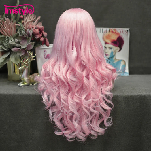 Imstyle Pink Wig Long Synthetic Lace Front Wig Natural Wavy Wigs For Women Heat Resistant Fiber Cosplay Wig