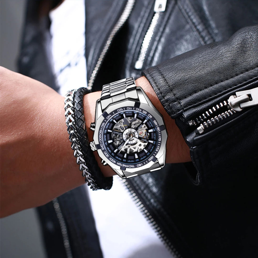 Forsining 2025 Stainless Steel Waterproof Mens Skeleton Watches Top Brand Luxury Transparent Mechanical Sport Male Wrist Watches