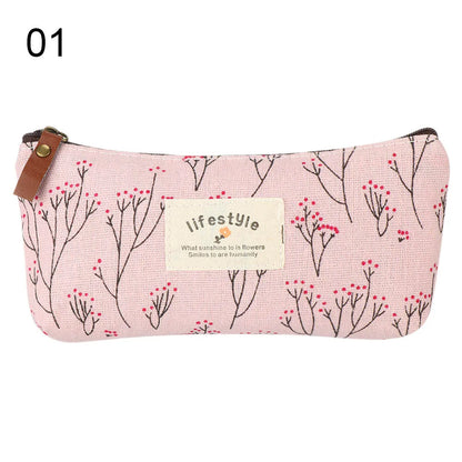 1PC Pastoral Floral Style Canvas Pen Bags Lovely Girls Pencil Cases Flower Tree Pattern Zipper Bag School Stationery Supplies