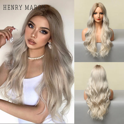 HENRY MARGU Long Brown Wavy Synthetic Wigs Middle Part Natural  Curly Wig for Black Women Cosplay Daily Heat Resistant Fake Hair