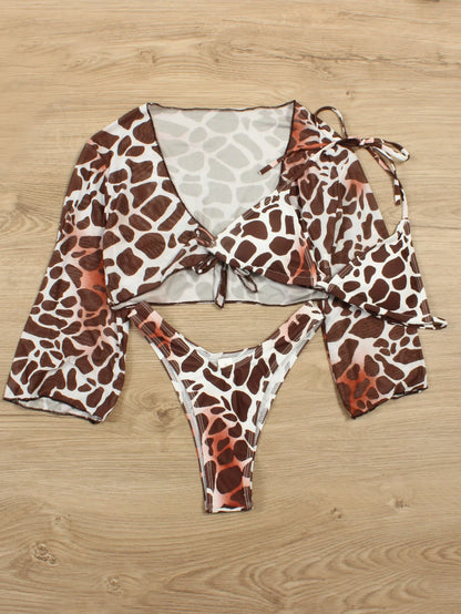 Sexy 3 Piece Swimsuit Women Leopard Print Push Up Padded Biquini Brazilian Summer Bathing Suit Long Sleeve Thong Bikini Swimwear