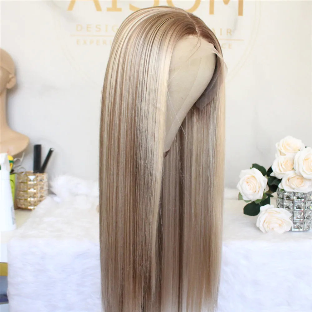 Highlight Brown Blonde Lace Front Wig Synthetic Hair Wig for Women Middle Part Long Straight Hair Heat Resistant Fiber Wig 22"