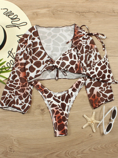 Sexy 3 Piece Swimsuit Women Leopard Print Push Up Padded Biquini Brazilian Summer Bathing Suit Long Sleeve Thong Bikini Swimwear