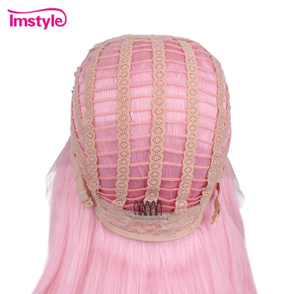 Imstyle Pink Wig Long Synthetic Lace Front Wig Natural Wavy Wigs For Women Heat Resistant Fiber Cosplay Wig
