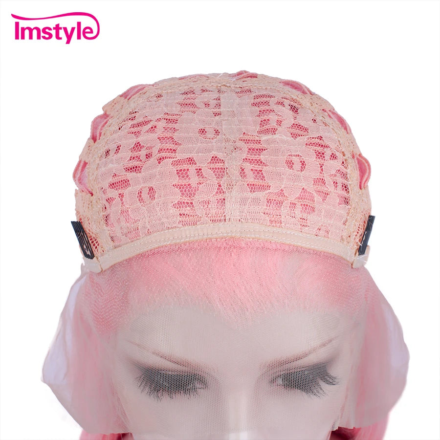 Imstyle Pink Wig Long Synthetic Lace Front Wig Natural Wavy Wigs For Women Heat Resistant Fiber Cosplay Wig