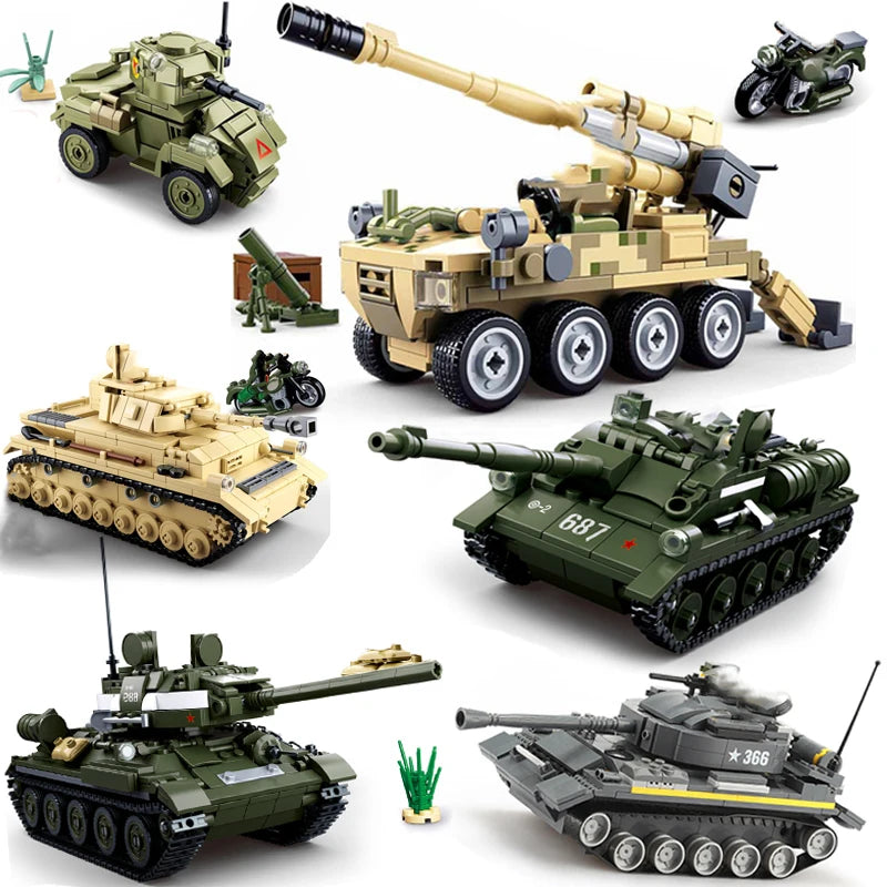 Military Vehicles Tank Sets SWAT Army City Police T34 Model Building Blocks DIY Brick Kids Toys Classic World War II WW2