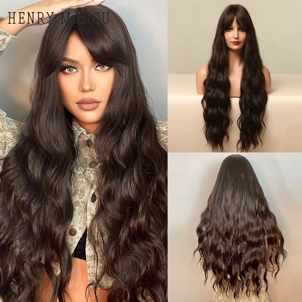 HENRY MARGU Long Brown Wavy Synthetic Wigs Middle Part Natural  Curly Wig for Black Women Cosplay Daily Heat Resistant Fake Hair